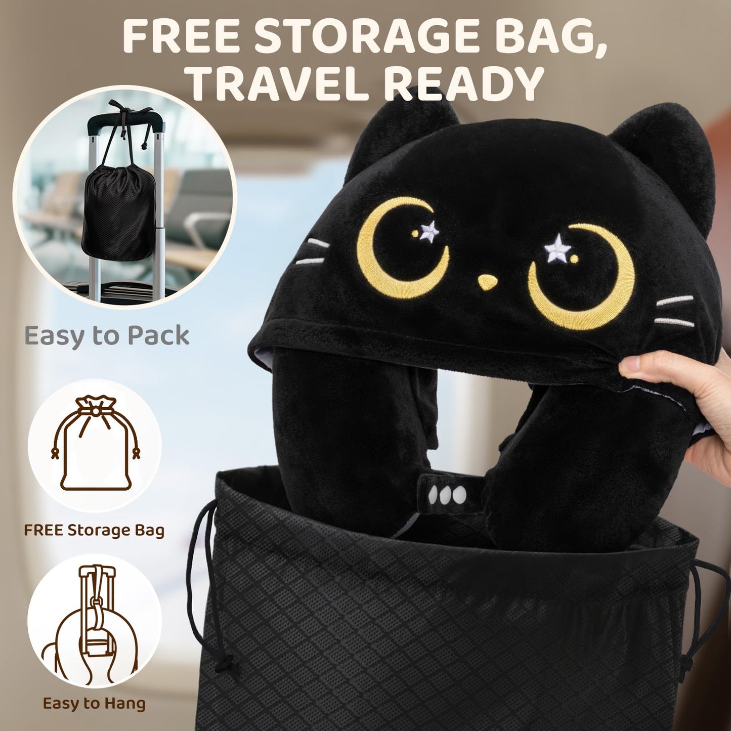 Mewaii Travel Neck Pillow with Hood for Airplanes,Memory Foam,Breathable Ice Silk & Soft Velvet,Double-Sided,Removable to Clean,Adjustable Strap,Portable Travel Pillow for Long Flights Adults & Teens