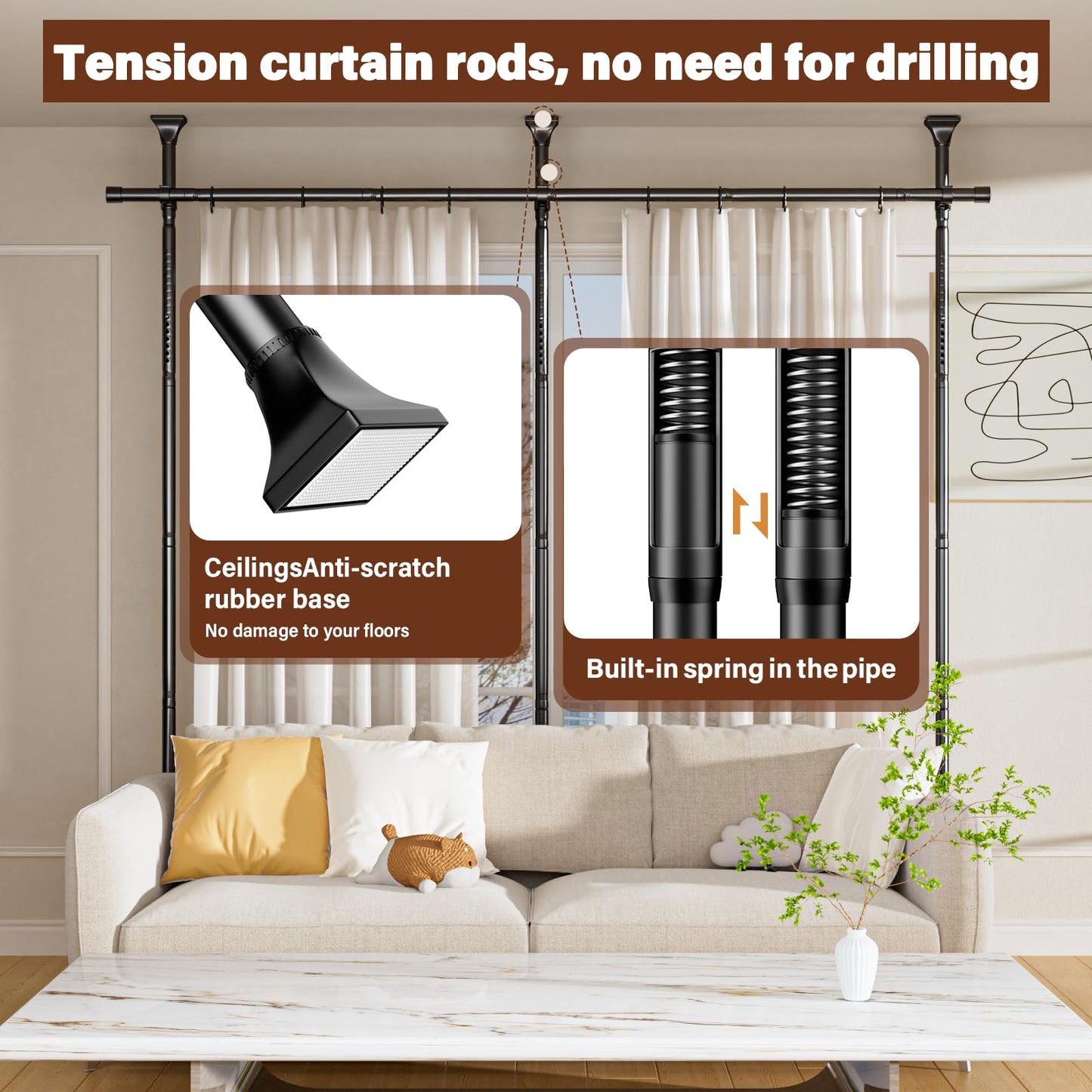 Abiglifty Room Divider Curtain Rod No Drilling, Adjustable 4-10ft(H) 28-114inch(W) Wall Divider for Room Separation, Heavy Duty Floor to Ceiling Tension Curtain Stand, Black
