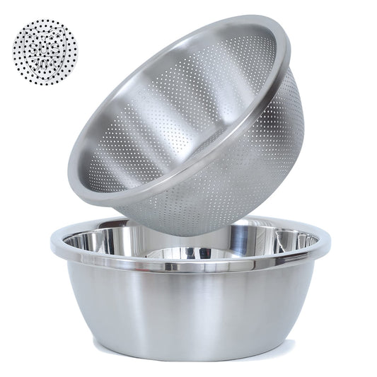 304 Stainless Steel Microporous Colander, 5QT Large Capacity with Mixing Bowl For washing vegetables, fruit and rice and for draining cooked pasta(2PC)