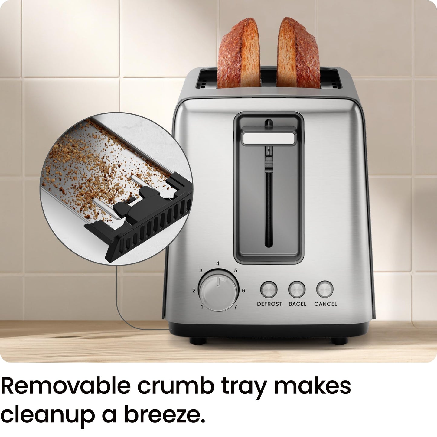Chefman 2 Slice Toaster, 7 Shade Settings, Removable Crumb Tray, Thick Bread and Bagel Toaster with Defrost and Cancel Buttons – Black