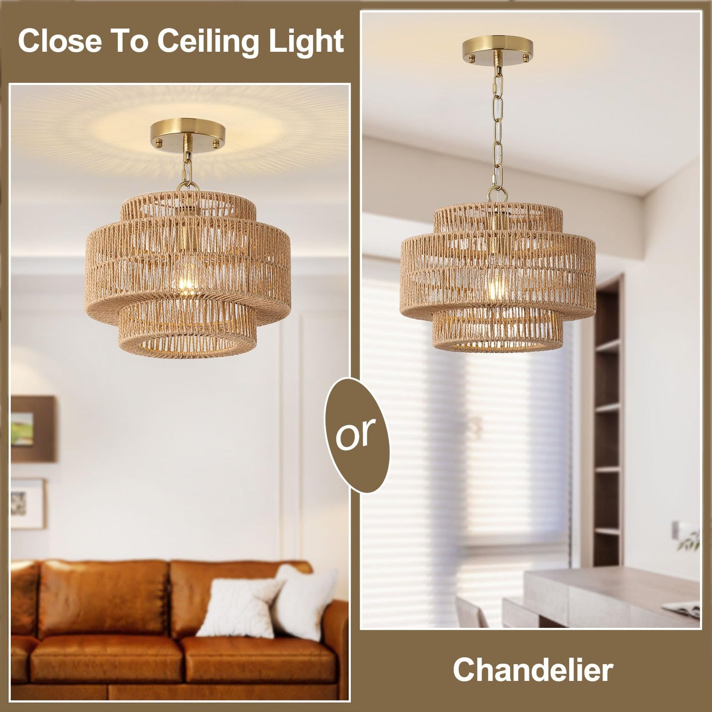 Giutna 12.4" Boho Rattan Farmhouse Chandeliers for Dining Room, Rattan Hand-Woven Rustic Drum Chandelier Pendant Light Fixture for Kitchen Island Bedroom Living Room Entryway Foyer