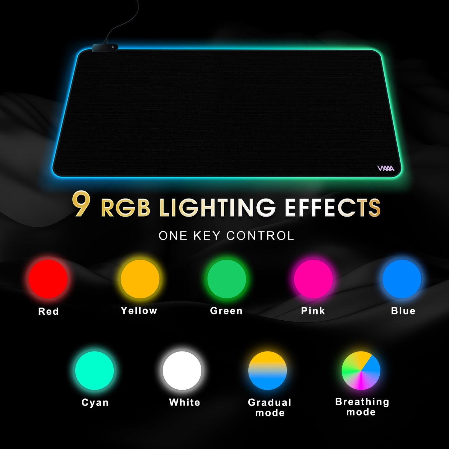 Vyaaa 40" x 20" RGB Gaming Mouse Pad, XXL LED Desk Mat with 9 Light-Up Modes, Smooth Surface & Non-Slip Rubber Base for Gaming/Office/Home (Black)