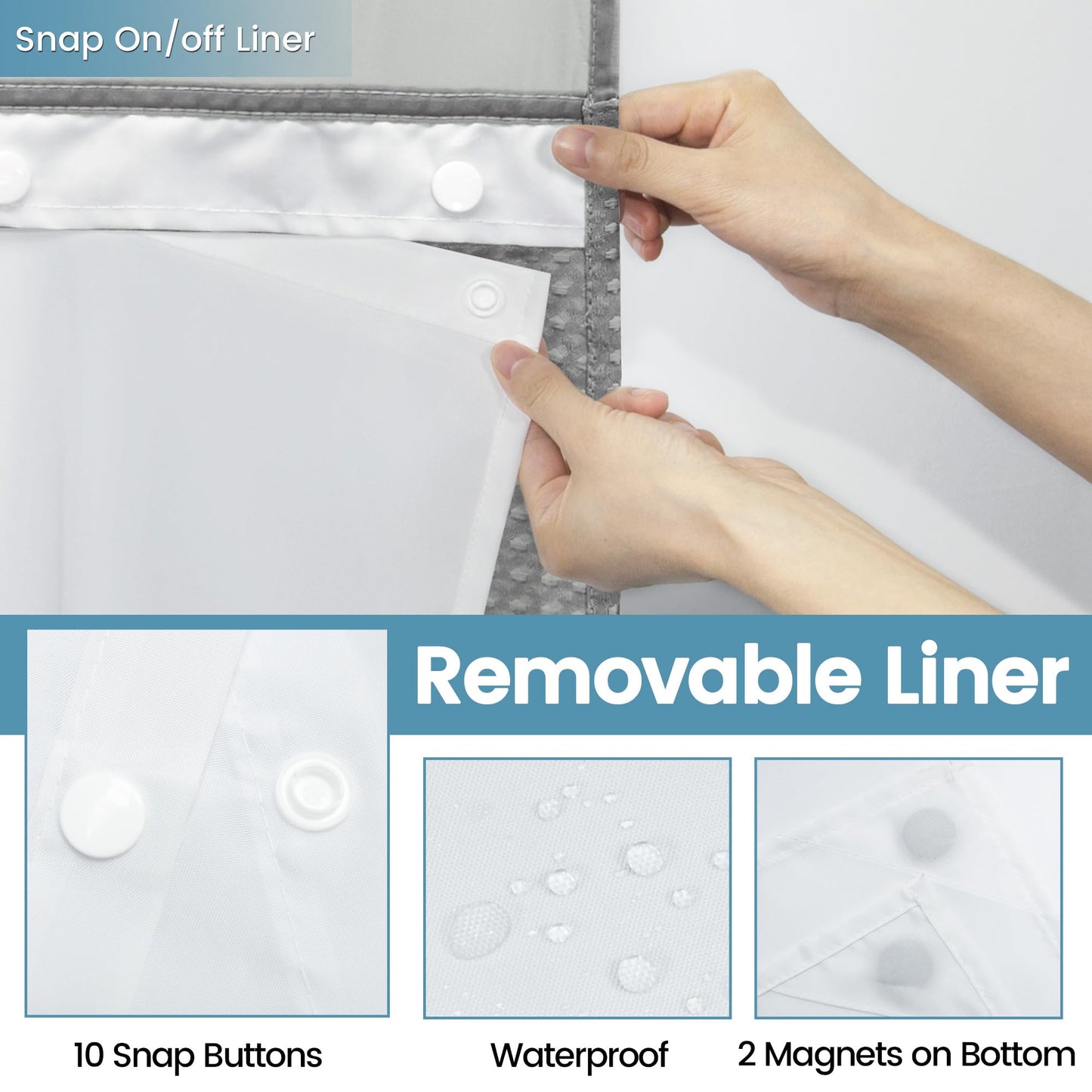 EUTXL Stall No Hook Shower Curtain with Snap in Liner,230GSM Waffle Weave Shower Curtains for Bathroom,60W x 74H,Grey