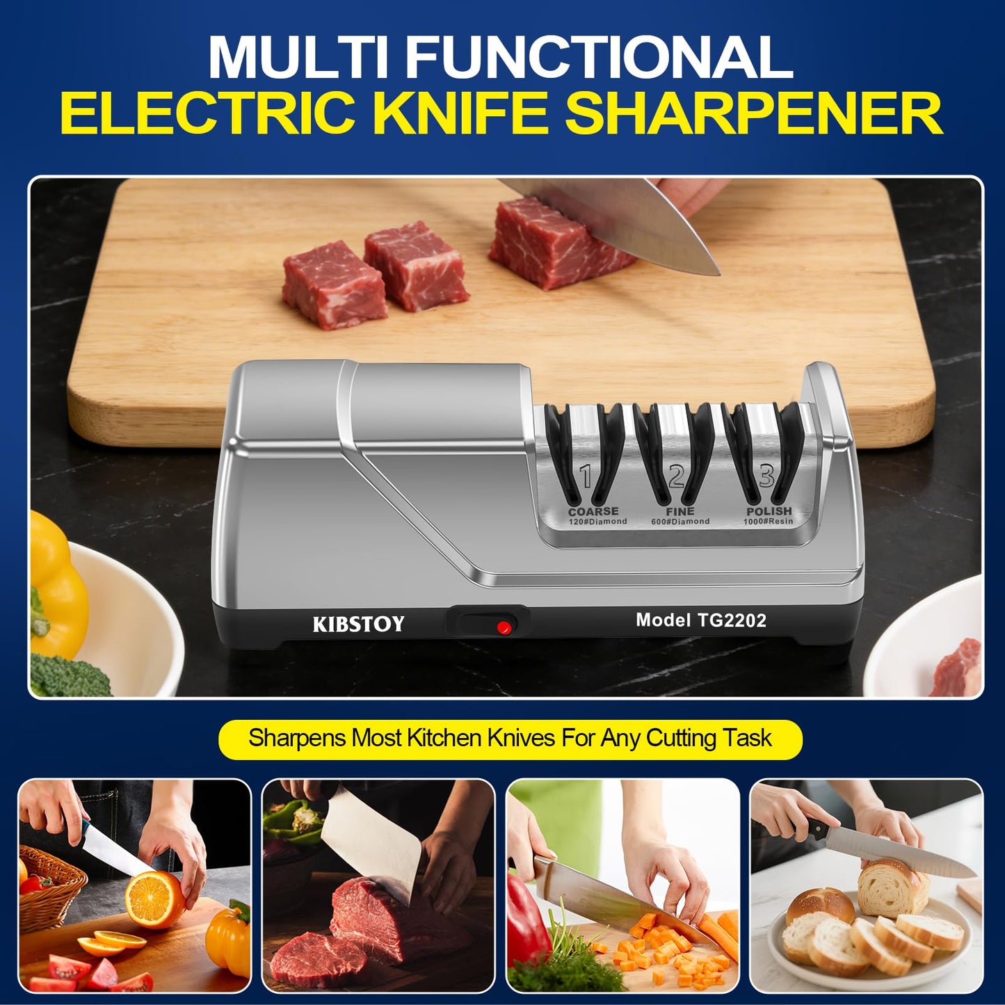 Knife Sharpener Electric, 3-Stage Professional Kitchen Sharpener with 100% Diamond Abrasive, 15° Precision Angle, Magnetic Dust Box, Fast Sharpening & Repair for Chef Knife, Paring Knife