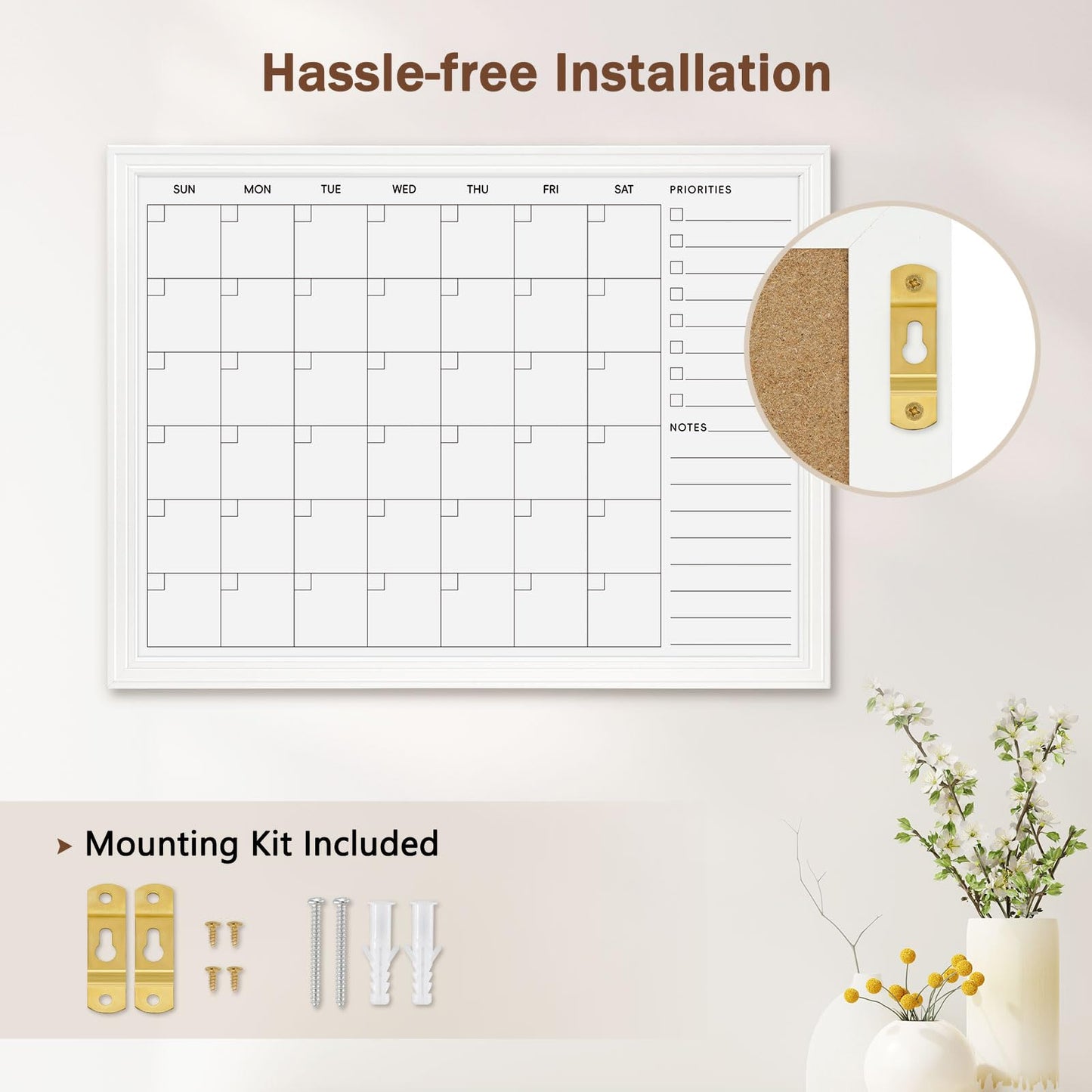 DOLLAR BOSS Magnetic White Board Calendar 36''x 24'', Monthly Dry Erase Planner for Wall with White Wood Style Frame for Office, School, Dorm, Home Decor