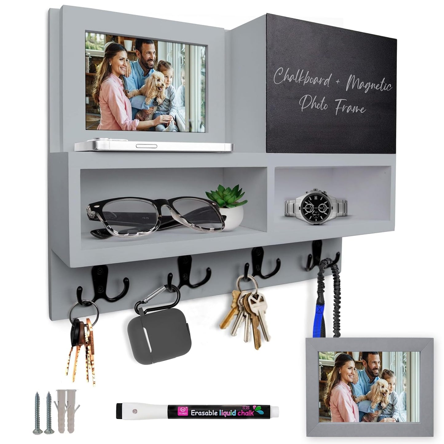 Spacelog Key and Mail Holder for Wall with Chalkboard – Magnetic Picture Frame Key Holder Wall Mount, Cool Grey with Subtle Blue Undertone, Dual Storage & Cupboards