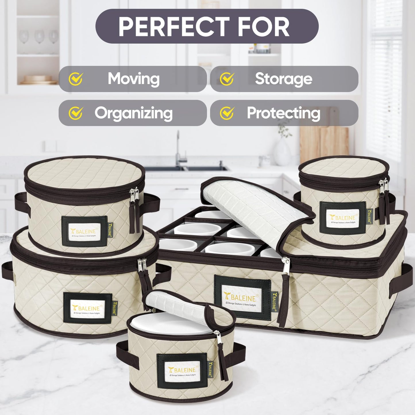 BALEINE China Storage Containers, Sturdy Quilted Wine Glass Storage, Plate Organizer with Carry Handles, Moving Boxes for Dishes, Cups, Mugs and Stemware (Plate Mug Combo, Soft Shell Cream)
