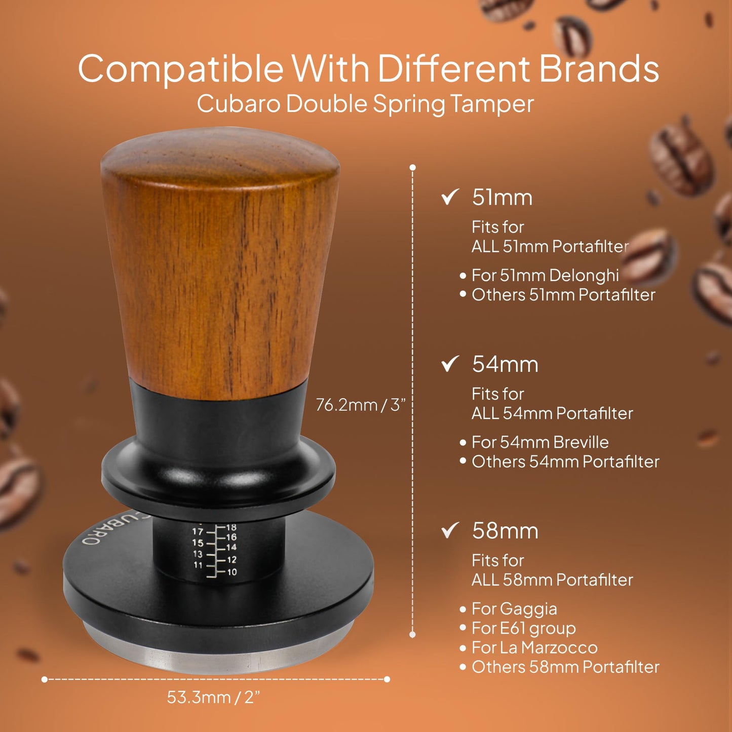 CUBARO 53.3mm Calibrated Espresso Tamper - 30lb Spring Loaded Auto-Leveling Coffee Tamper with Walnut Handle & Ripple Stainless Steel Base for 54mm Portafilters