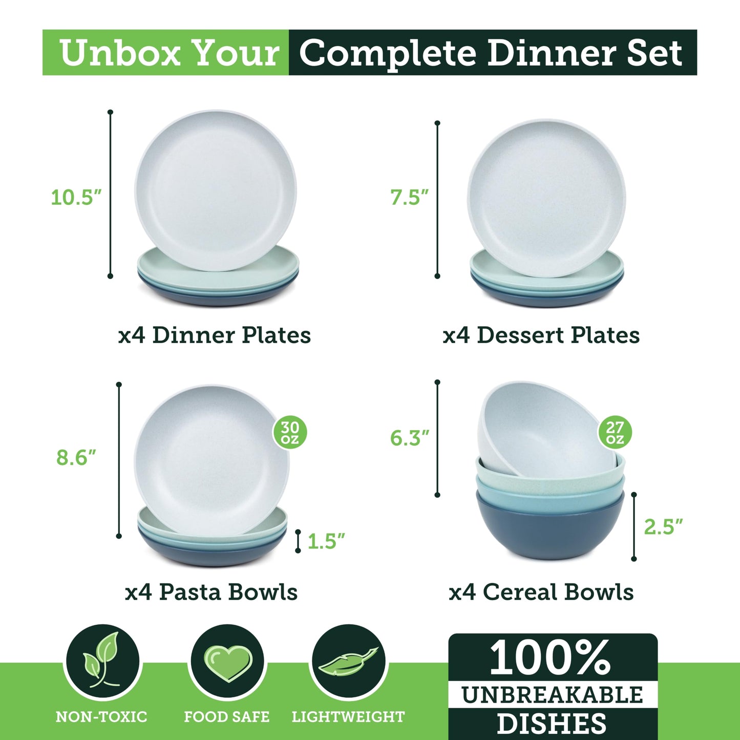 Grow Forward 16-piece Premium Wheat Straw Dinnerware Sets for 4 - Unbreakable Dishwasher & Microwave Safe Plastic Plates and Bowls Sets - Patio, Outdoors, RV, Camping Dishes - Seascape