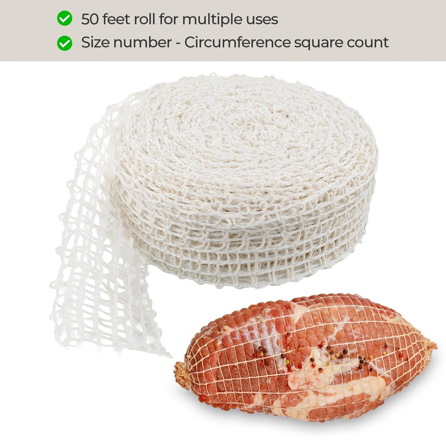 The Sausage Maker® 50ft Meat Netting Roll Size 32, Elastic Butchers Twine Cooking String Food Net For Large Roasts, Turkey, Strip Loins, USA Made, BPA Free Stretchable Poly-Cotton Mesh, 9" Dia
