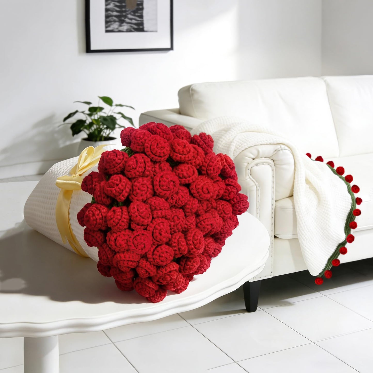 FNHMSL Crochet Bouquet Flower Throw Blanket, Handmade Knitted Bouquet Blanket with Orange Flower, Romantic Gifts for Girlfriend Mom Mother's Day/Birthday/Wedding (Red Rose, 51X51 inch)
