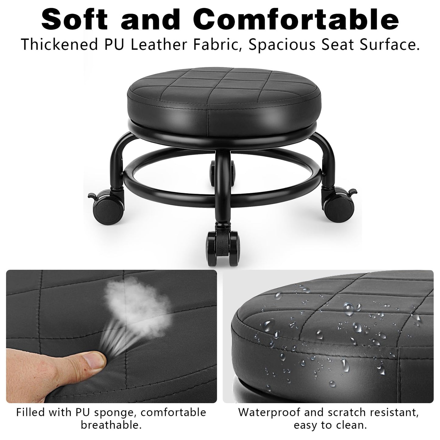 LWADALN Low Roller Stool Low Height Rolling Stool Seat PU Leather Small Chair Foot Stool Round Rolling Stools for Home Office Garage Shop (Black)
