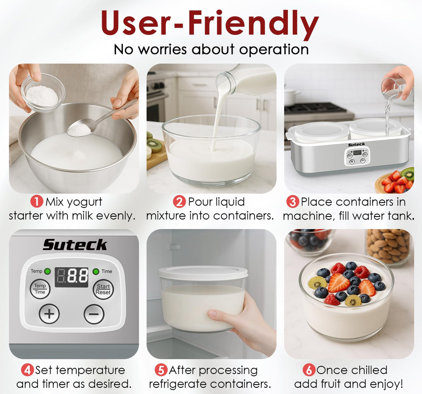 Suteck Yogurt Maker with Glass Jar- Stainless Steel Yogurt Machine with Adjustable Time & Temp Control, Homemade Greek, Probiotic Yogurt, BPA-Free 2 Yogurt Bowls (2 Quart)