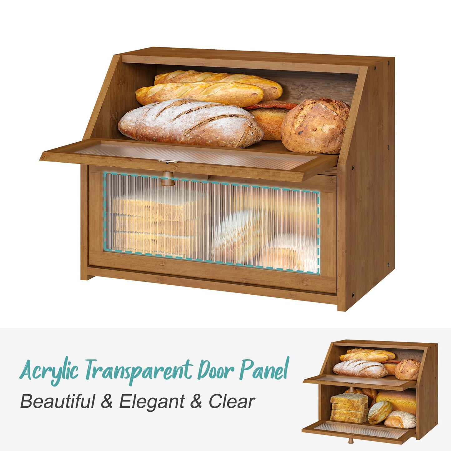 Vriccc Bread Box for Kitchen Counter, Large Bamboo Wood Double Layer Bread Box, Wooden Bread Storage Capacity