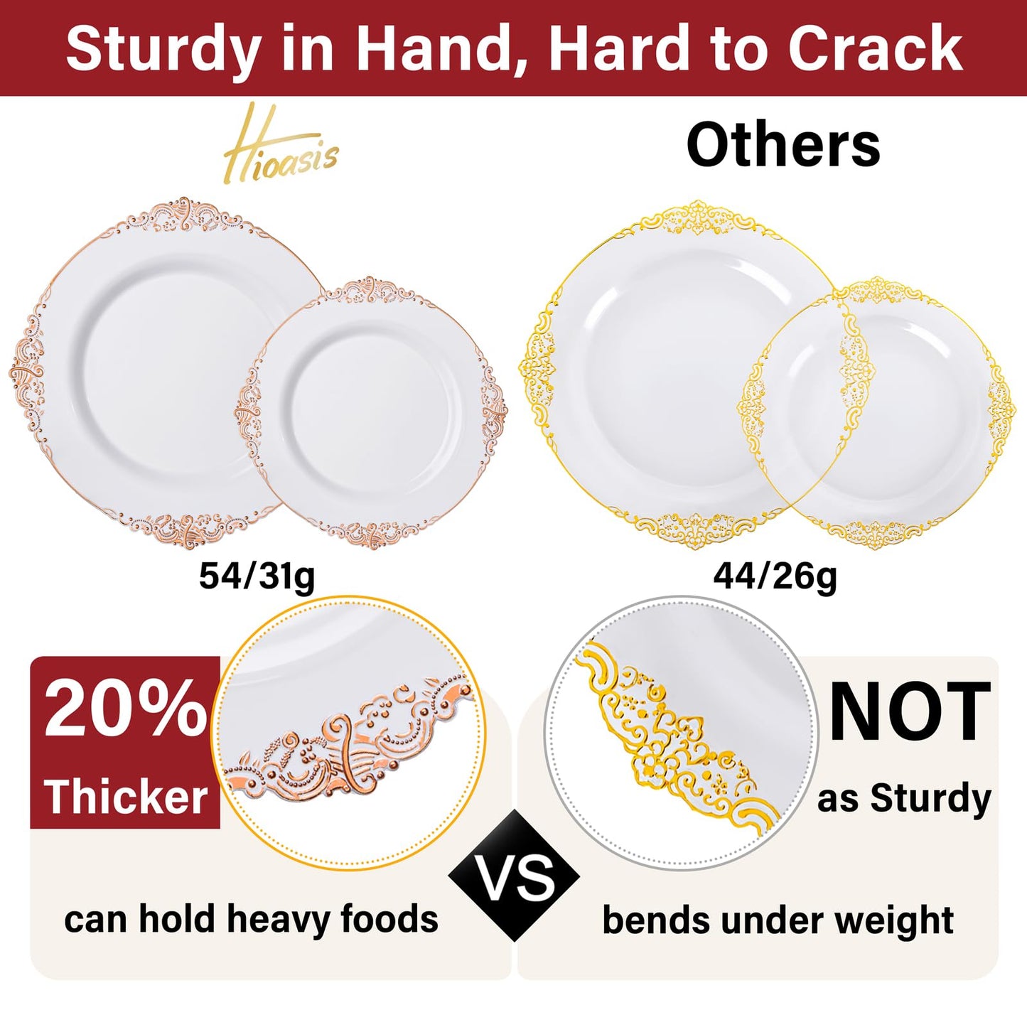 Hioasis 350pcs Rose Gold Plastic Plates - Elegant Disposable Dinnerware Set Suitable for 50 Guests Include 10.25" Dinner & 7.5" Dessert Plates, Pre Rolled Silverware Set, Cups for Party & Thanksgiving