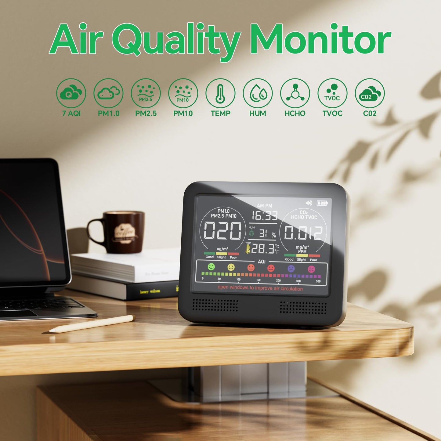 16-in-1 Air Quality Monitor Indoor with 7AQI Beep Alarm, CO2 Monitor, Air Quality Detector with PM1.0 | PM2.5 | PM10 | Temp | HUM | Formaldehyde | VOC Tester for Home Office Plant