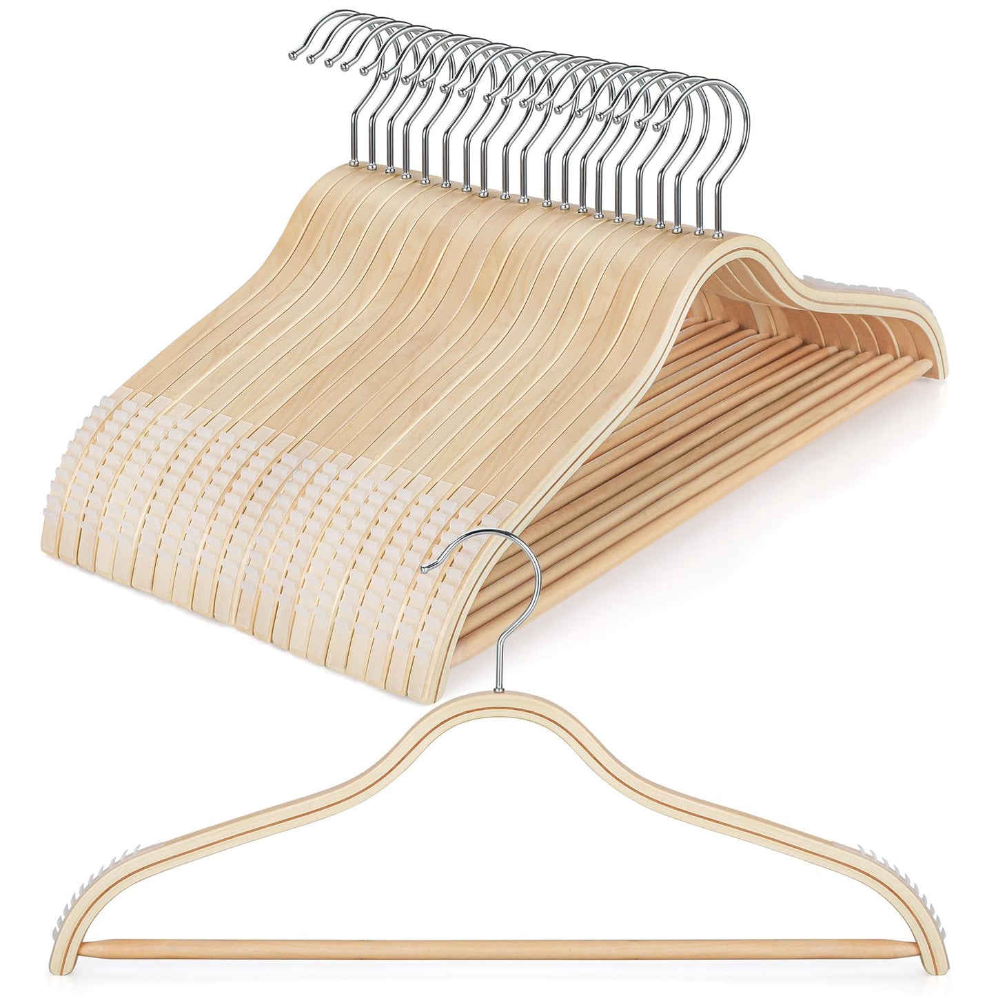 TOPIA HANGER Sleek Wooden Hangers with Non-Slip Rubber Grips, Sweater Hangers No Shoulder Bump, Lightweight Clothes Hangers for Women 20-Pack, 360° Swivel Hook and Pants Bar-CT63N20