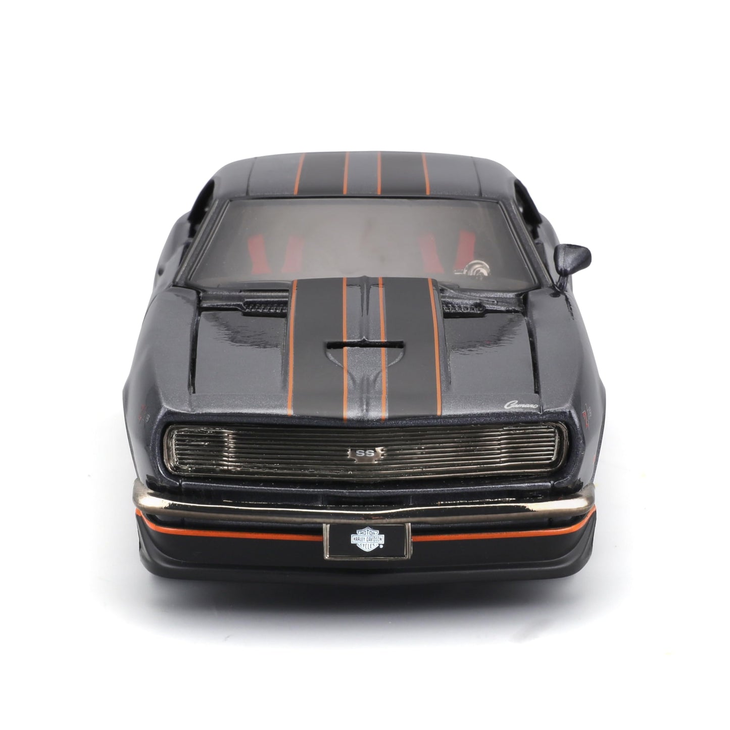 Maisto 1968 Chevrolet Camaro Z/28 Dark Gray Metallic with Black and Orange Stripes Harley Davidson H-D Custom 1/24 Diecast Model Car