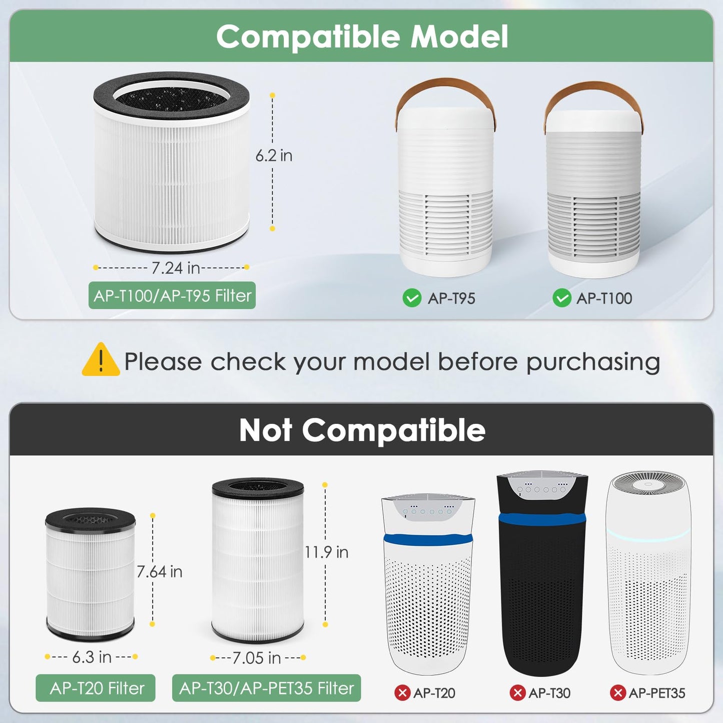 HSIAMEN AP-T100FL Filter Replacement Compatible with HoMedics AP-T100 AP-T95 Smart Air Purifier, 3-in-1 True HEPA Activated Carbon Filter, 2-Pack