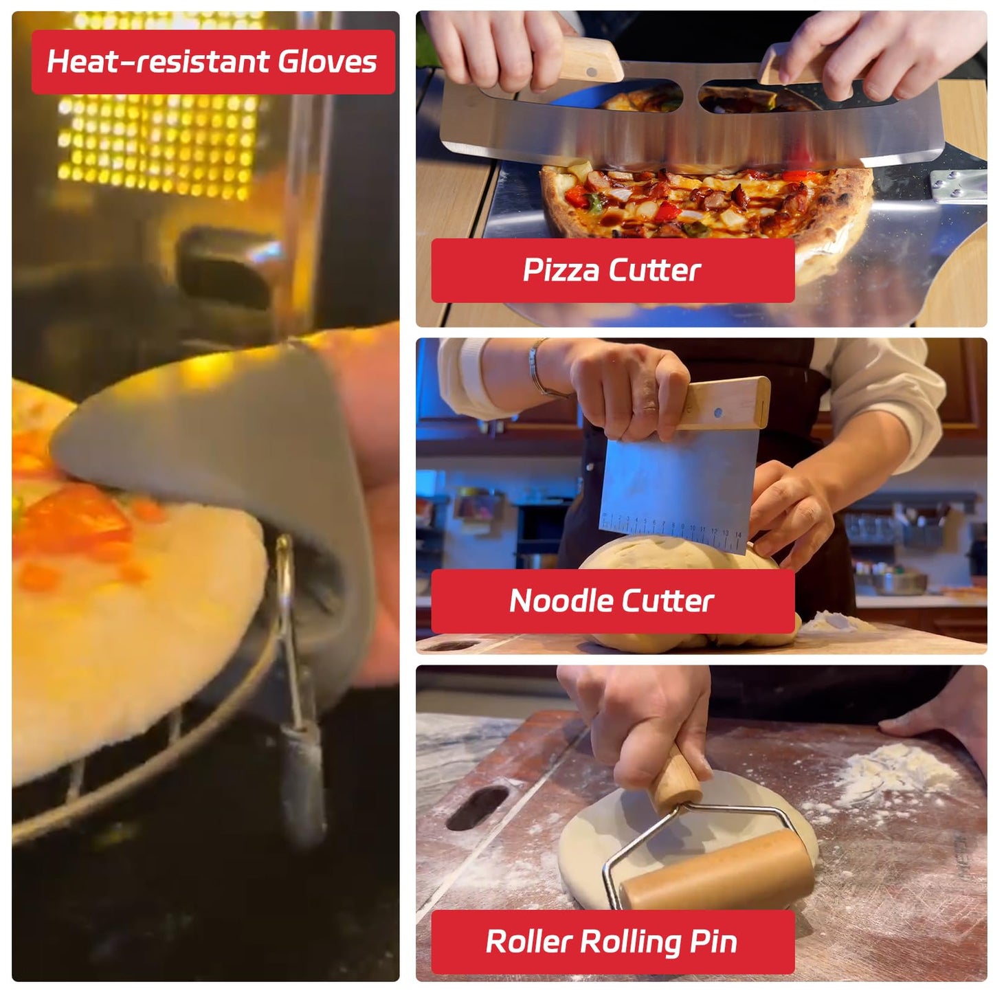 7PCS Pizza Oven Accessories Kit – Premium Pizza Making Tools Set for Home & Outdoor Ovens – Includes Pizza Peel, Oven Brush, Bubble Popper Turner, Rocker Cutter, Dough Roller & Scraper
