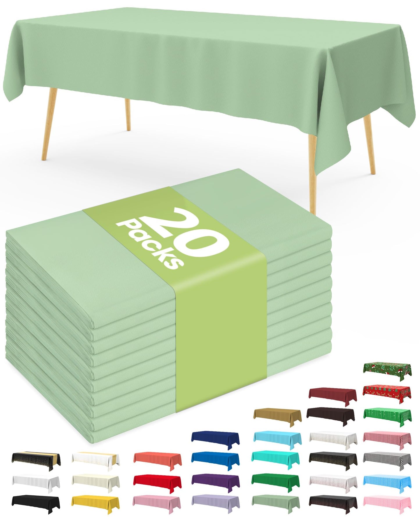 Pureegg Plastic Table Cloth Disposable 20 Pack, 54 x 108 Inch Table Cloths, Easter Party, Decorative Tablecloths, Rectangle, Light, Pastel Plastic Cover, Leakproof & Sturdy, Sage Green