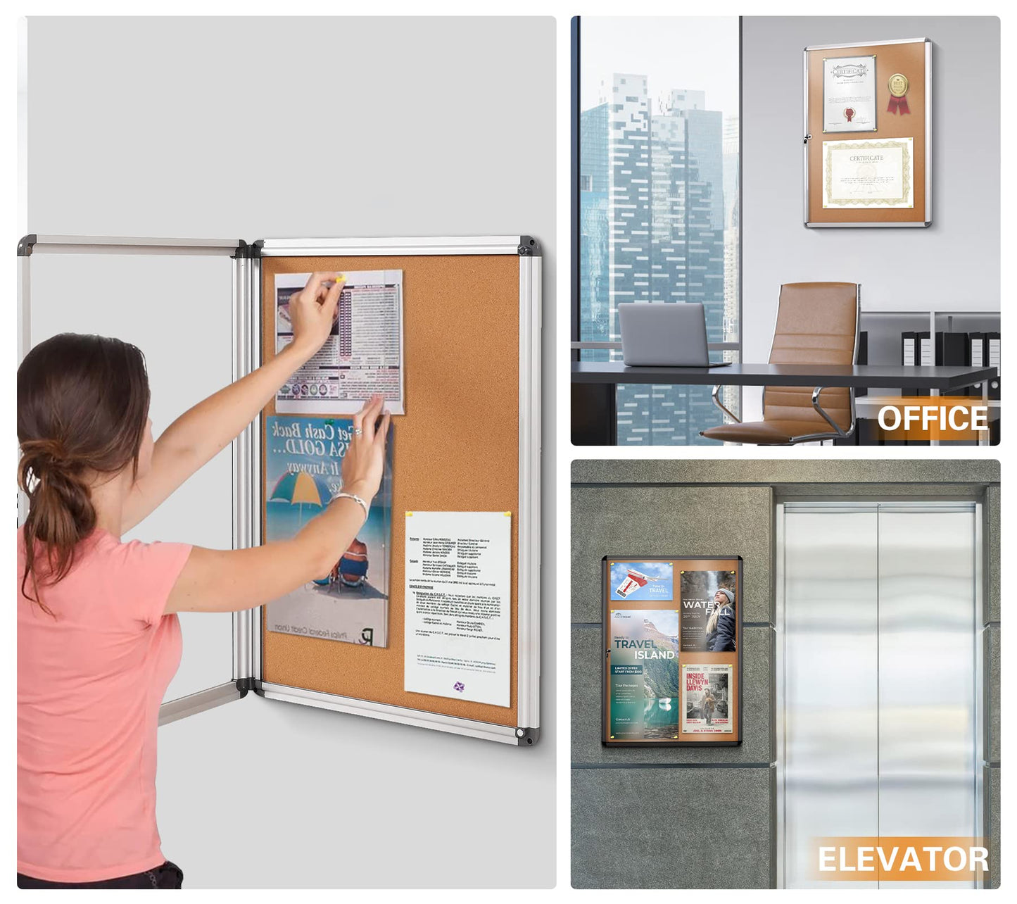 SWANCROWN Enclosed Bulletin Board,Lockable Cork Noticeboard for School Office,Wall Display Case with Lock 20"x14"(2xA4)