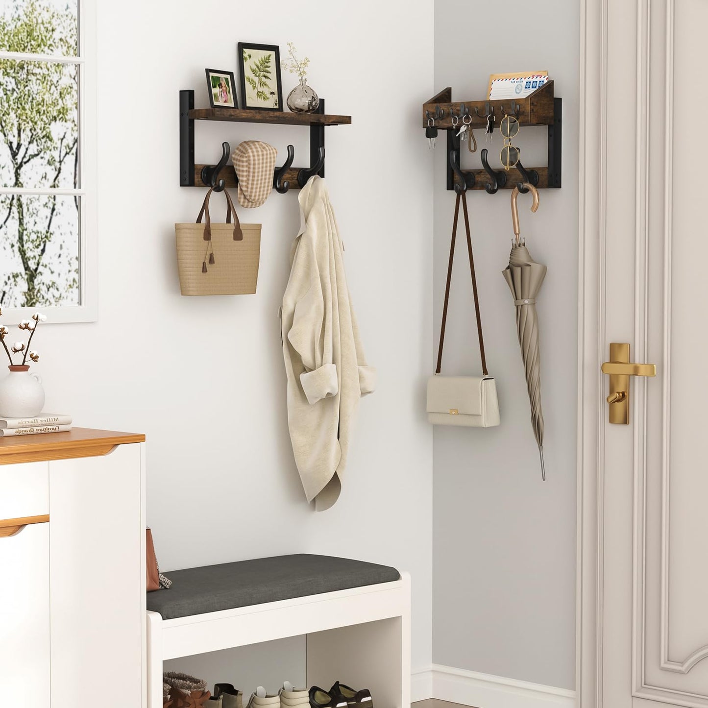 Evermagin 29" Coat Rack Wall Mount with Shelf, 4 in 1 Coat and Key Hanger with 11 Metal Hooks, Entryway Wall Mounted Shelf with Mail Holder for Living Room, Bedroom, Rustic Brown