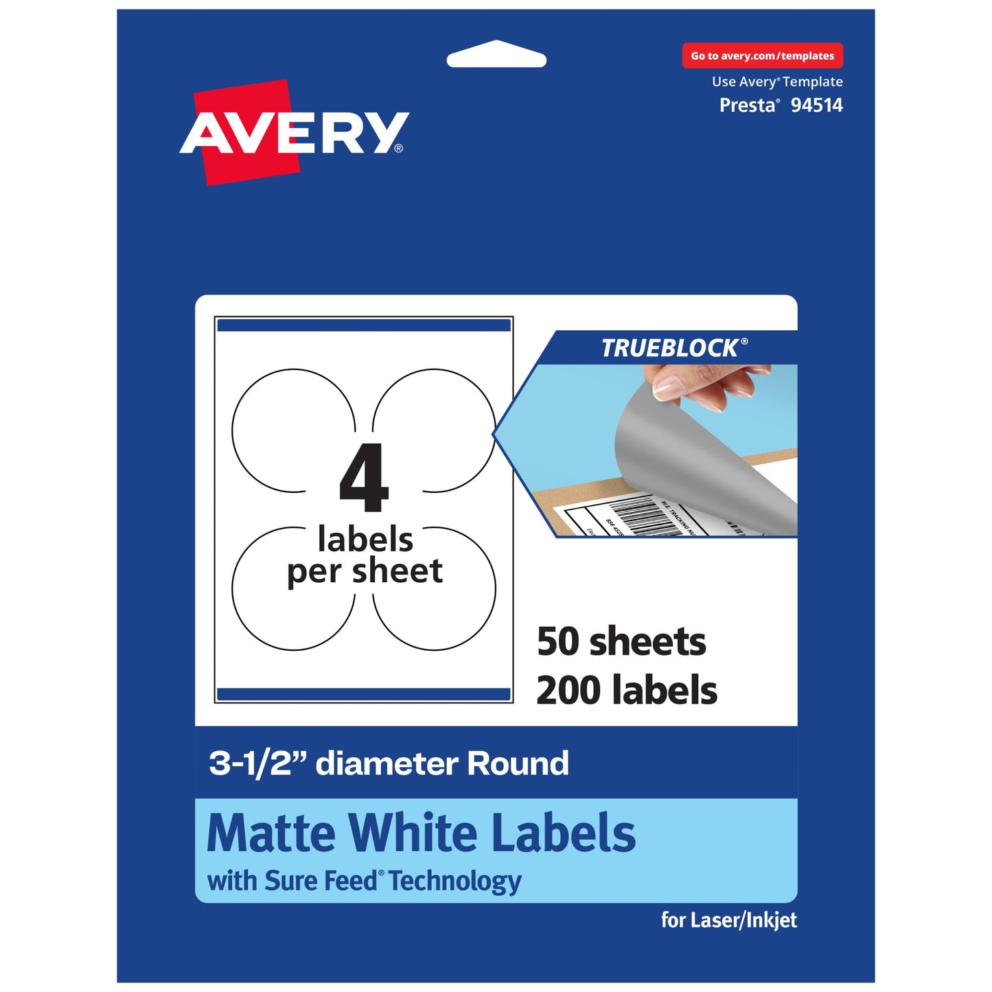 Avery TrueBlock Matte White Round Labels, Sure Feed Technology, 3.5" Diameter, 200 Matte White Labels, Print-to-The-Edge, Laser/Inkjet Printable, Great for Packaging and Product Merchandising