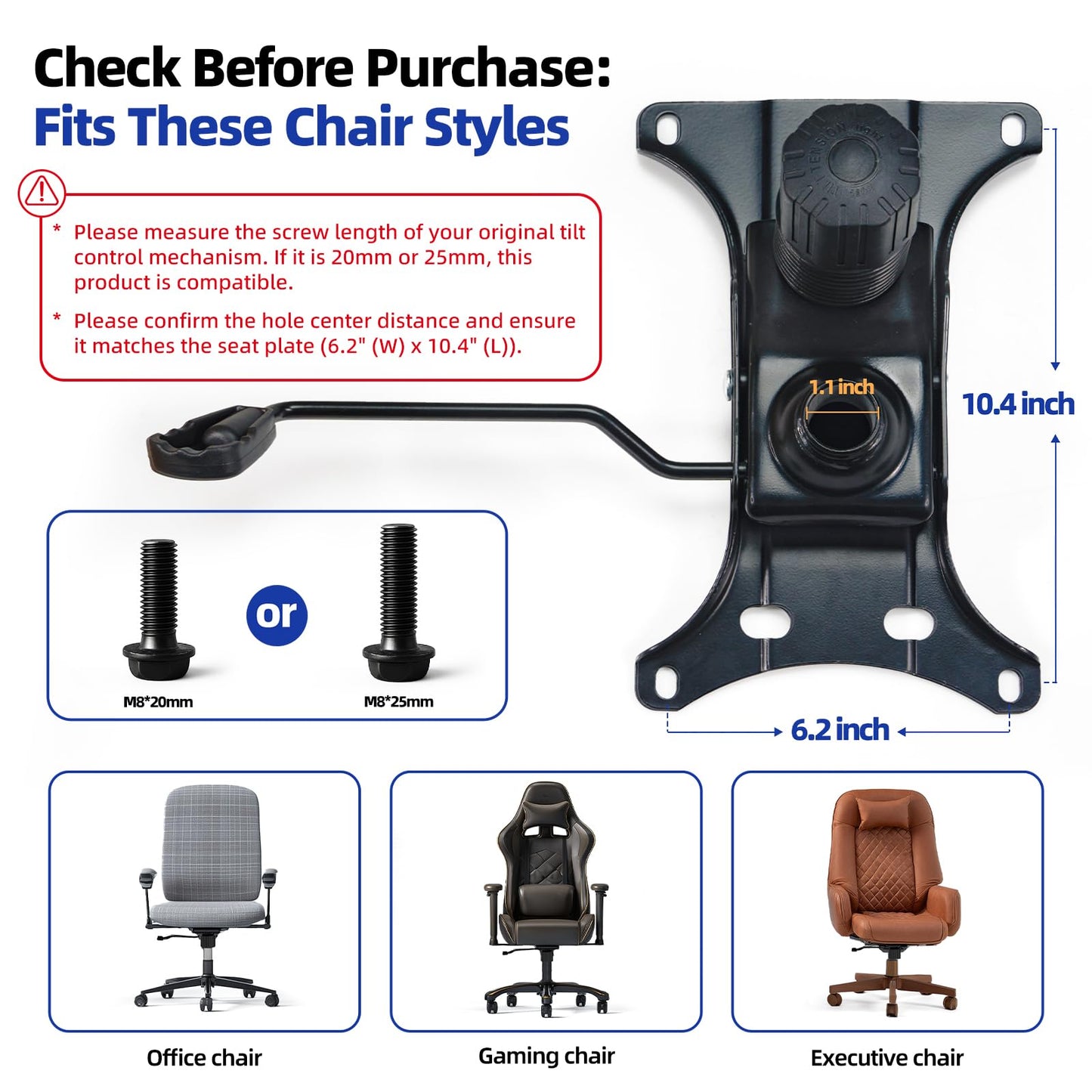 Sytopia Heavy Duty 500lbs Office Chair Replacement Parts, Swivel Tilt Control Mechanism with 6.2" (W) x 10.4" (L) Mounting Holes, Chair Base for Executive and Gaming Chairs, Black