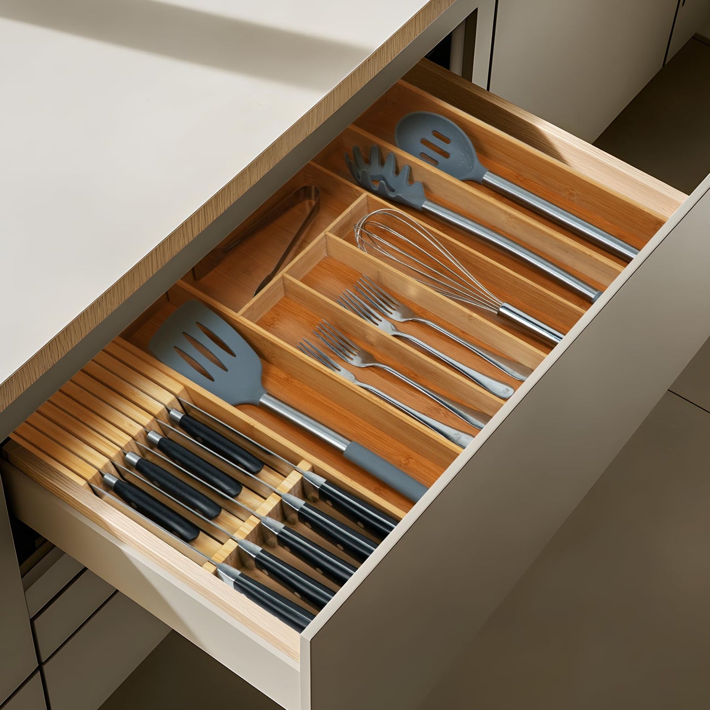 Utoplike Knife Drawer Organizer Bamboo Knives Block for Kitchen, Large Handle Steak Holder, Fit for 9 Knives (Not Included)