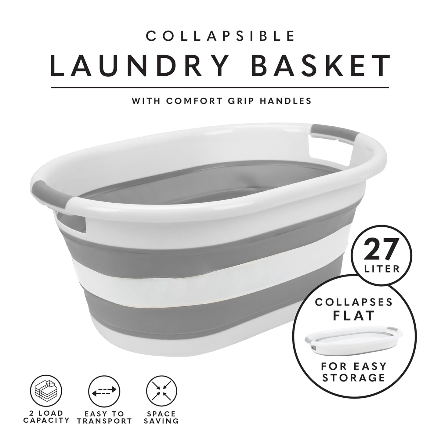 Laundry 360 2pk Collapsible Laundry Basket | Portable | Space Saver Storage | Hold 2 Loads | Store Under the Bed or Closet | Good for Kids | Dorm | Bedroom | Large | White/Grey
