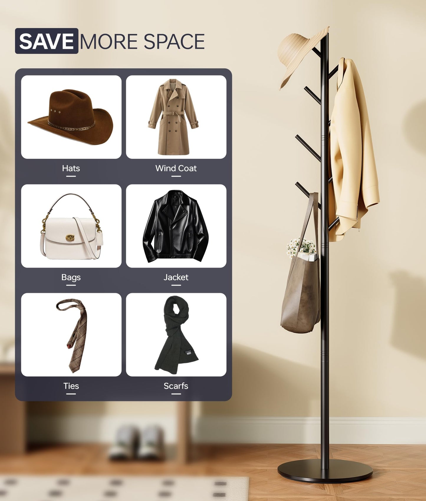 Coat Rack with 8 Hooks, 3 Adjustable Heights, Modern Hall Tree, Sturdy Metal Clothes Stand with Sintered Stone Base for Entryway, Office, Bedroom, for Coats, Hats, Handbags and Scarves, Black