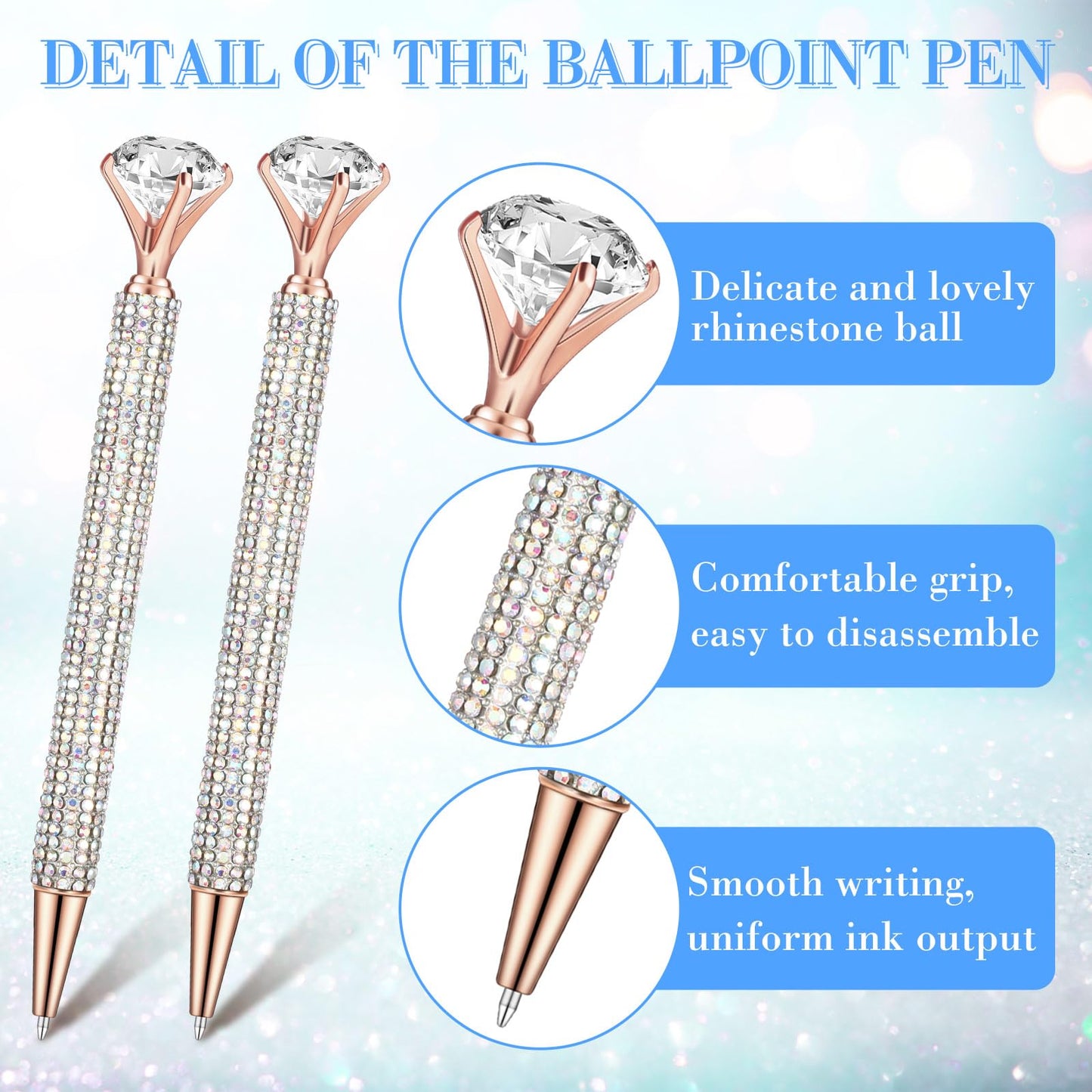 Honoson 50 Pcs Big Diamond Pens Bulk Bling Rhinestone Pens with Crystal Christmas Glitter Retractable Black Ink Ballpoint Pens for Bridal Shower Gifts School Office Birthday Party Favor(AB Color)