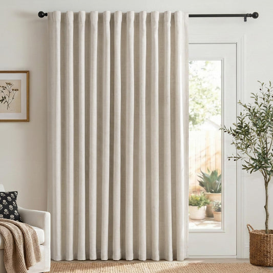 100% Blackout Shield Linen Blackout Sliding Door Curtains for Living Room, Back Tab/Rod Pocket Thermal Insulated Curtains for Sliding Glass Doors, 1 Panel Set, 100" W x 96" L, Cream
