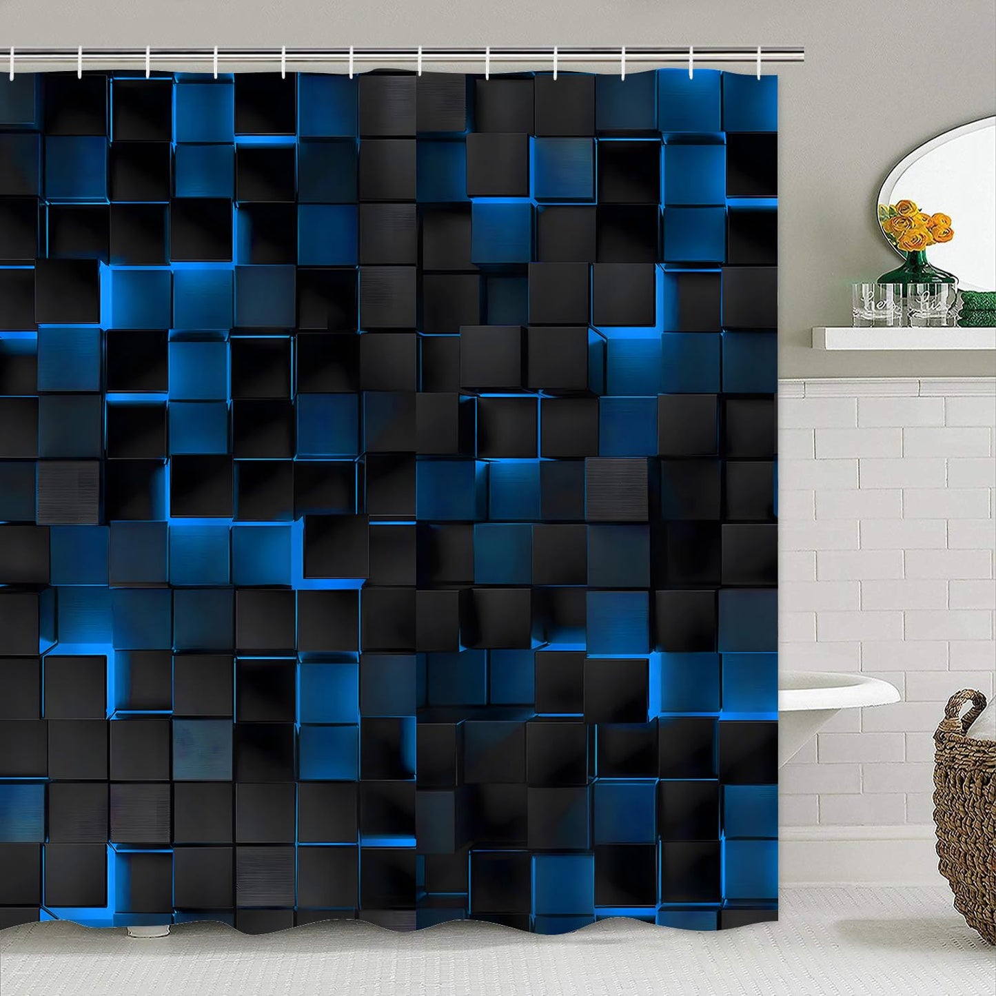 LQCOOL 4Pcs Blue Shower Curtain Set 3D Cubes Bathroom Sets Modern Shower Curtain Set for Bathroom Sets with Rugs Black and Blue Shower Curtain with 12 Hooks
