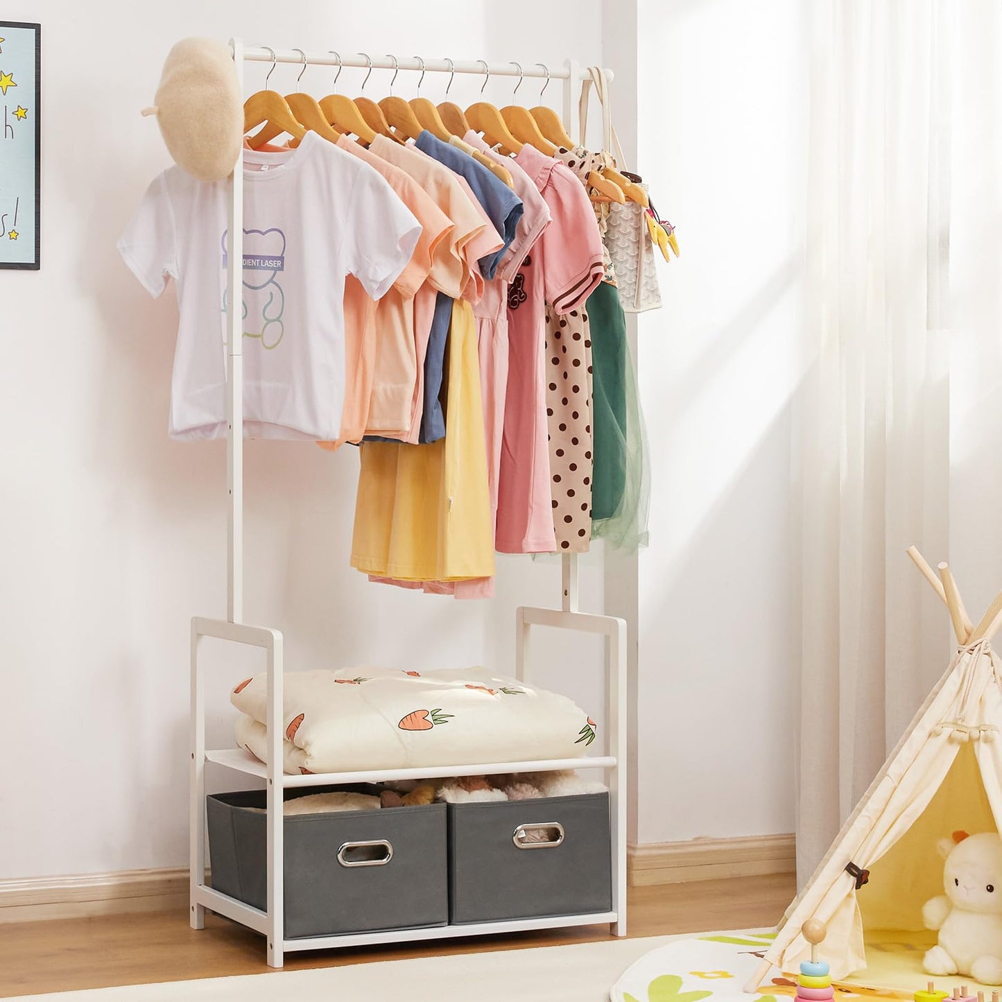 Vilaxing Kids Clothing Rack Bamboo with 2 Storage Baskets and 2 Adjustable Hanging Rods,Child Garment Holder with Shelf, Dress up Stand for Playroom,Toddlers Bedroom (White)