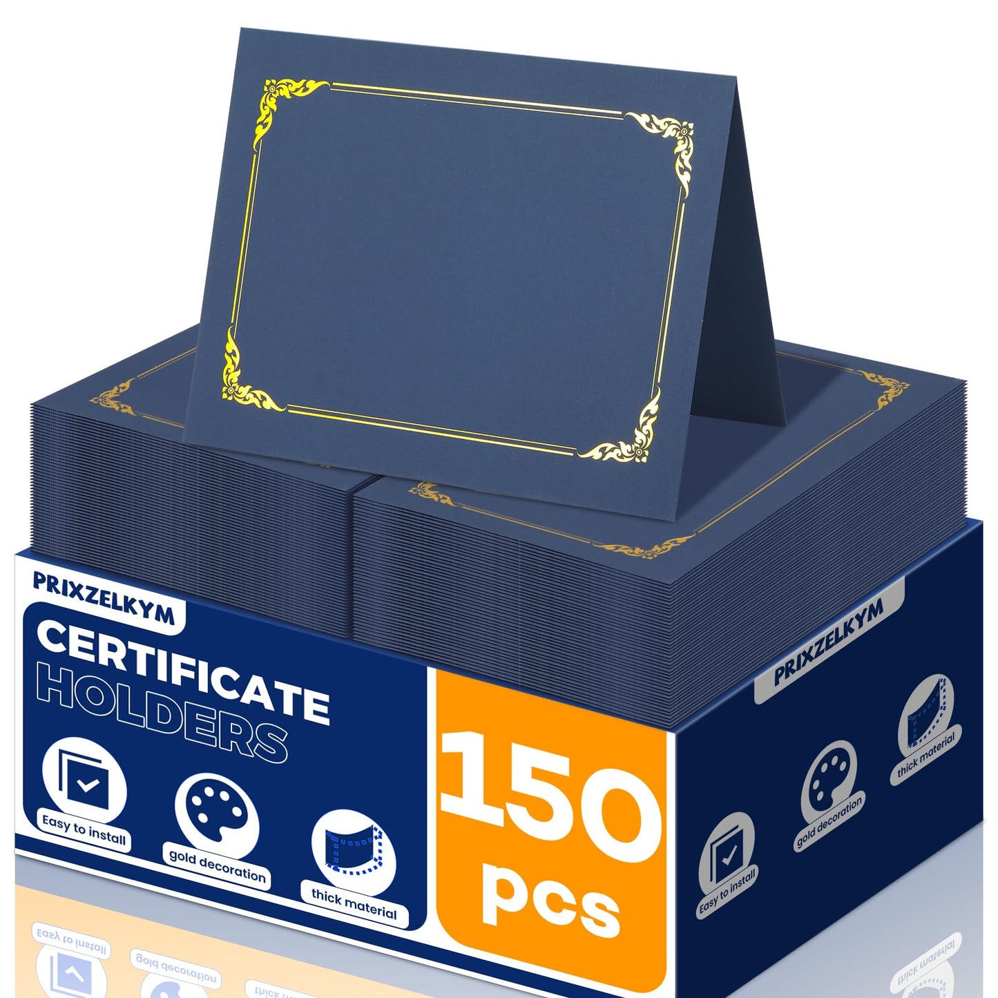 Prixzelkym 150 Packs Certificate Covers, 250gsm Navy Blue Diploma Holders with Gold Foil Border, Suitable for Inner Pages with a Size of 8.5x11 Award Certificates, Document Papers, Paper Card Stock