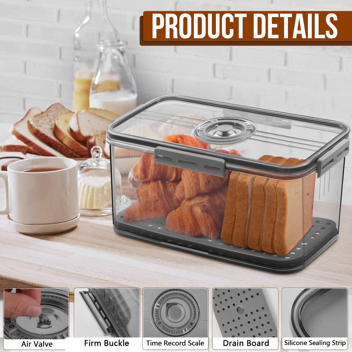 Gifhomfix Bread Box Bread Boxes for Kitchen Counter Airtight, Time Recording Bread Storage Container with Lid, Bread Keeper for Homemade Bread, Toast, Bagel, Donut and Cookies, LARGE Dark Grey