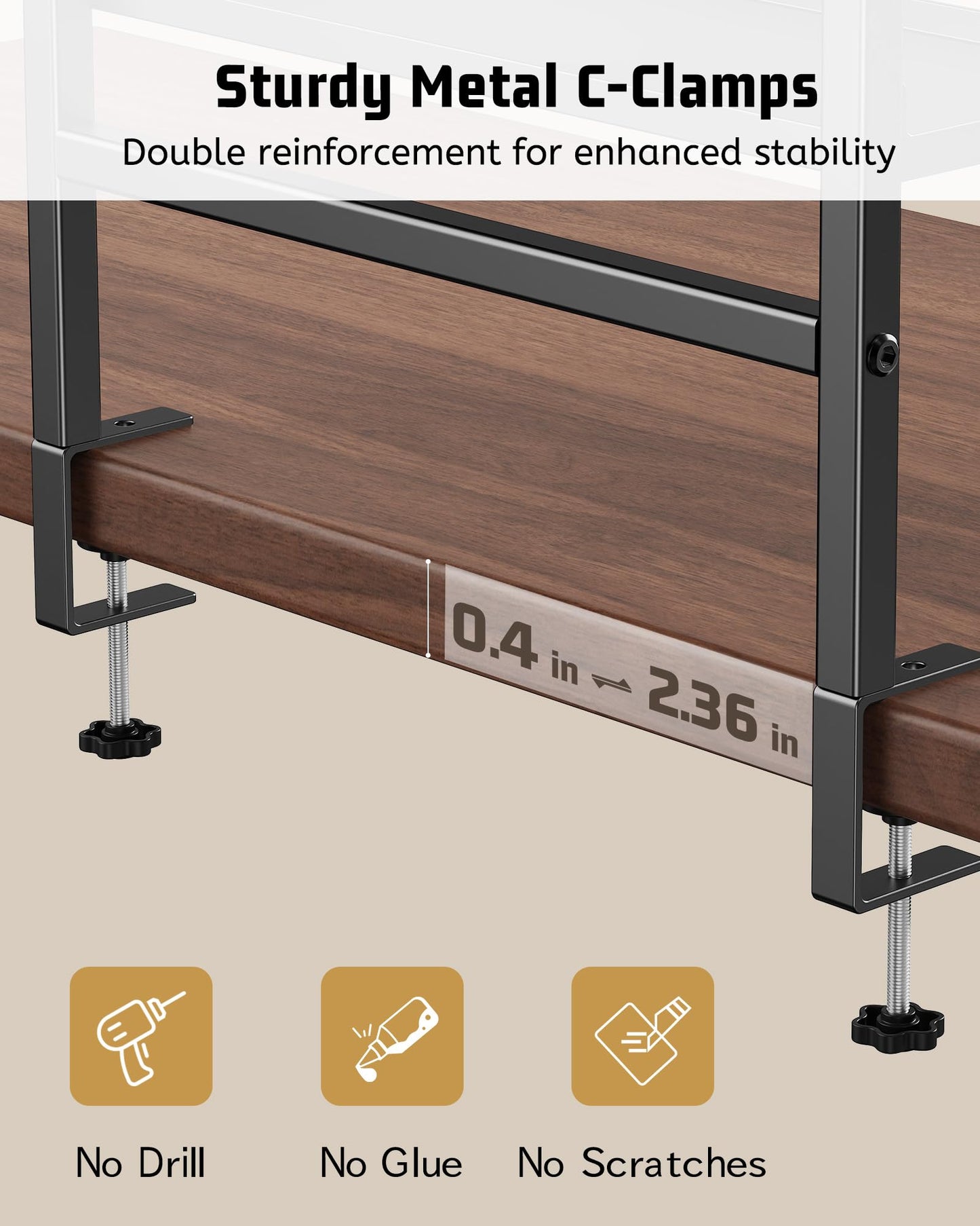 2-Tier Clamp on Desk Shelf, 17" Adjustable Above or Under Desk Shelves Organizer, No Drilling Desktop Storage Shelf with Headphone Holder, Desktop Storage Rack or Office and Gaming Accessories (Brown)