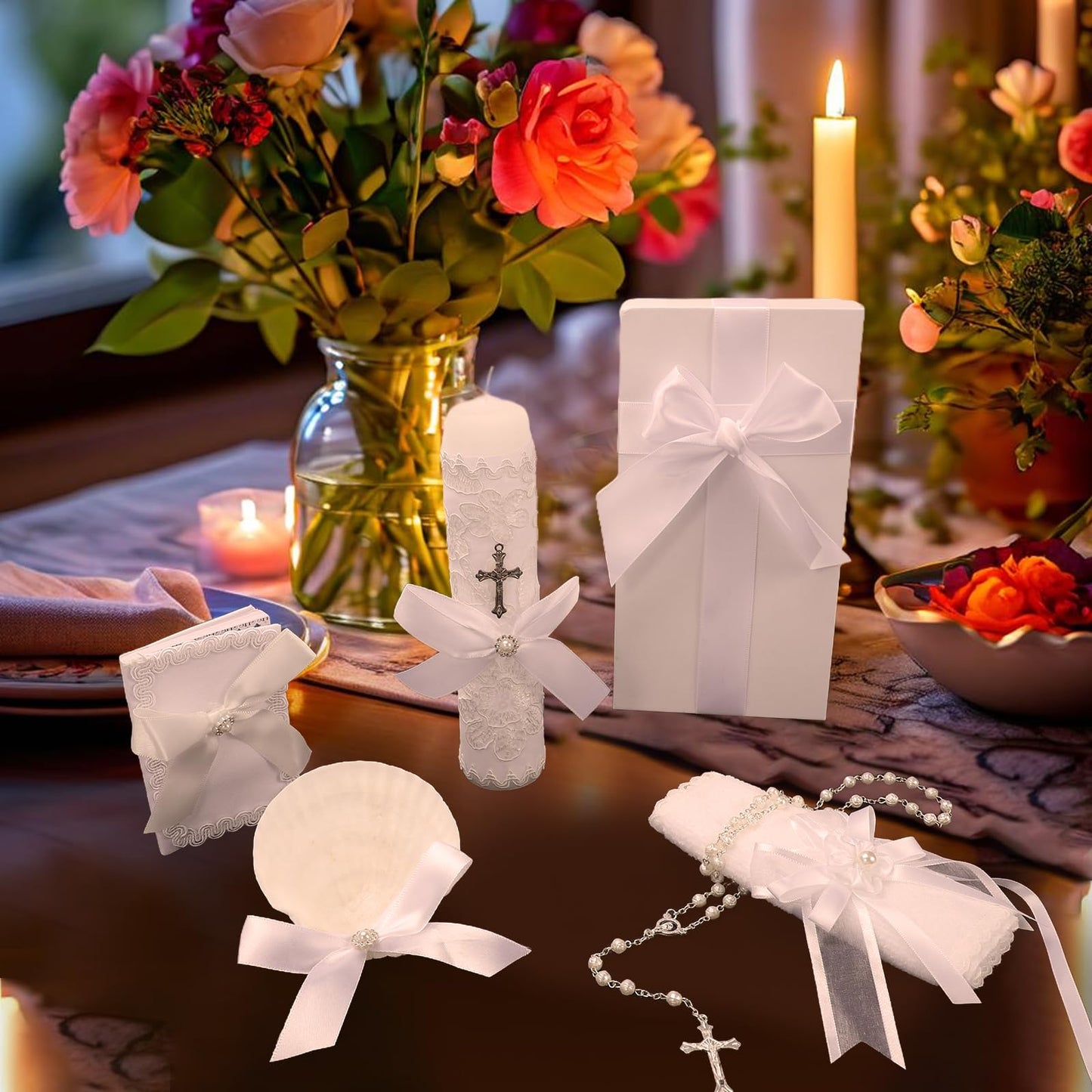 Baptism Candle Set for Boys and Girls,White 5 PCS Baptism Kit Catholic Candle,Baptismal Towel,Shell,Rosary,Bible for Baptismal Christening First Communion Gift,Velas para Bautizo De Niño o Niña