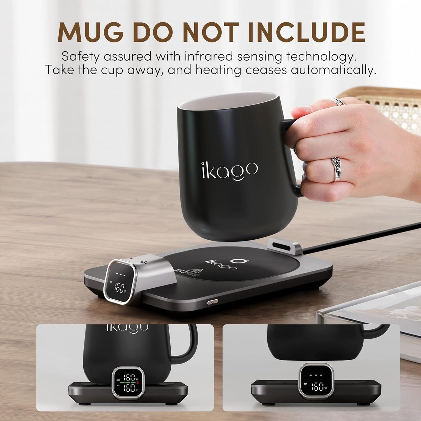 IKAGO Smart Coffee Mug Warmer with Real-Time Temperature Display, 1°F Precision Control, Auto Shut-Off & Cup Detection, Fast Heating Desk Mug Warmer for Office Home Use, Black