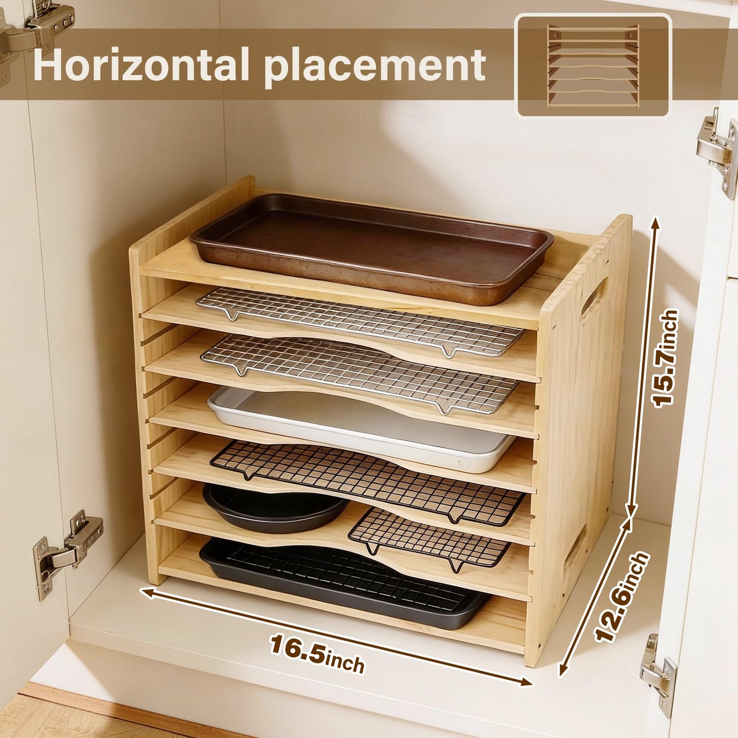 6 Tier Wooden Tray Dividers for Cabinets, Cookie Sheet Organizer 15.7" W x 16.5" H x 12.6" D Baking Sheets, Pans and Cutting Boards Organizer for Kitchen Cabinets or Countertop