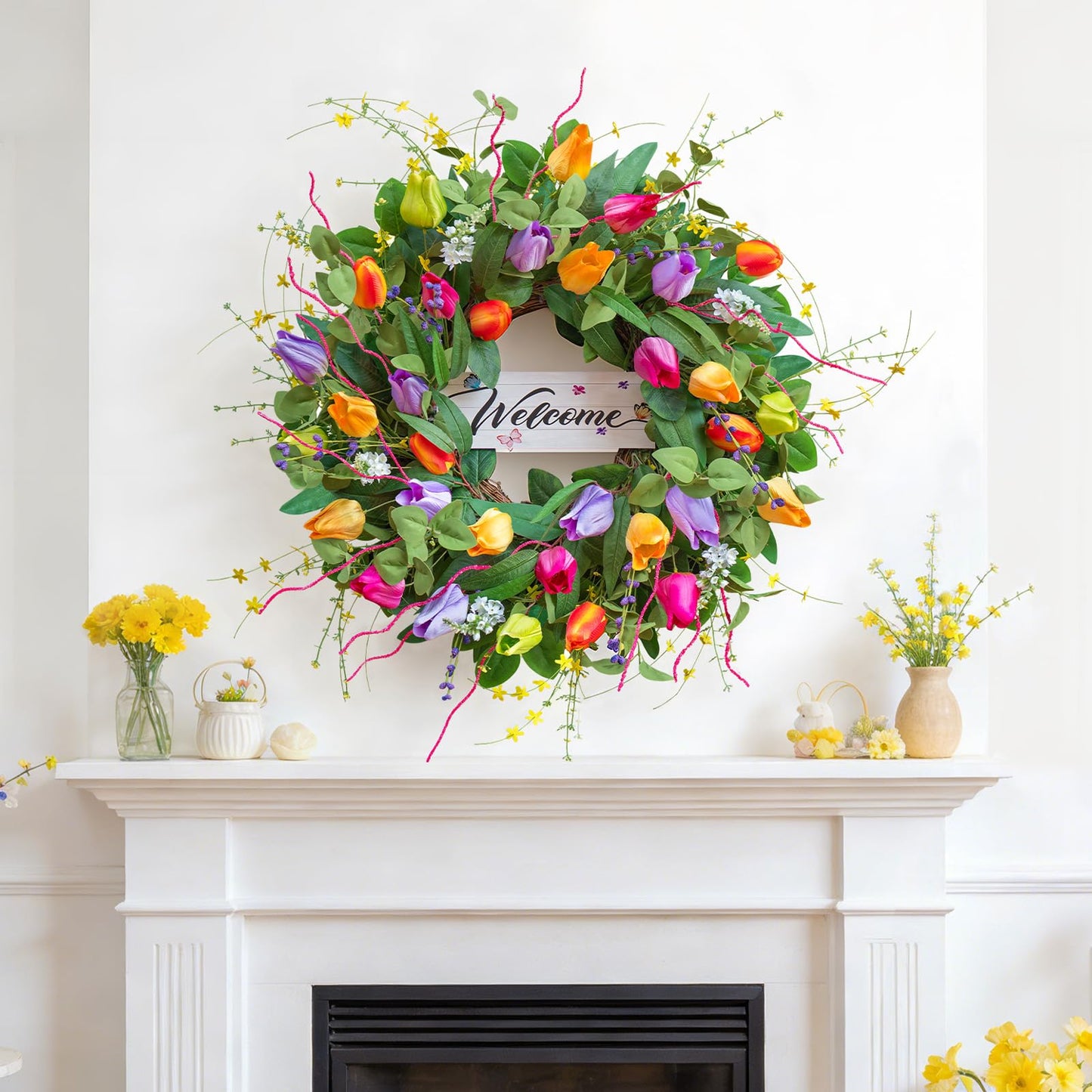 Summer Spring Wreaths for Front Door 26 Inch, Tulip Spring Summer Wreath with Welcome Sign, Artificial Floral Spring Door Wreath for Outdoor Front Door, Farmhouse Seasonal Summer Wreath