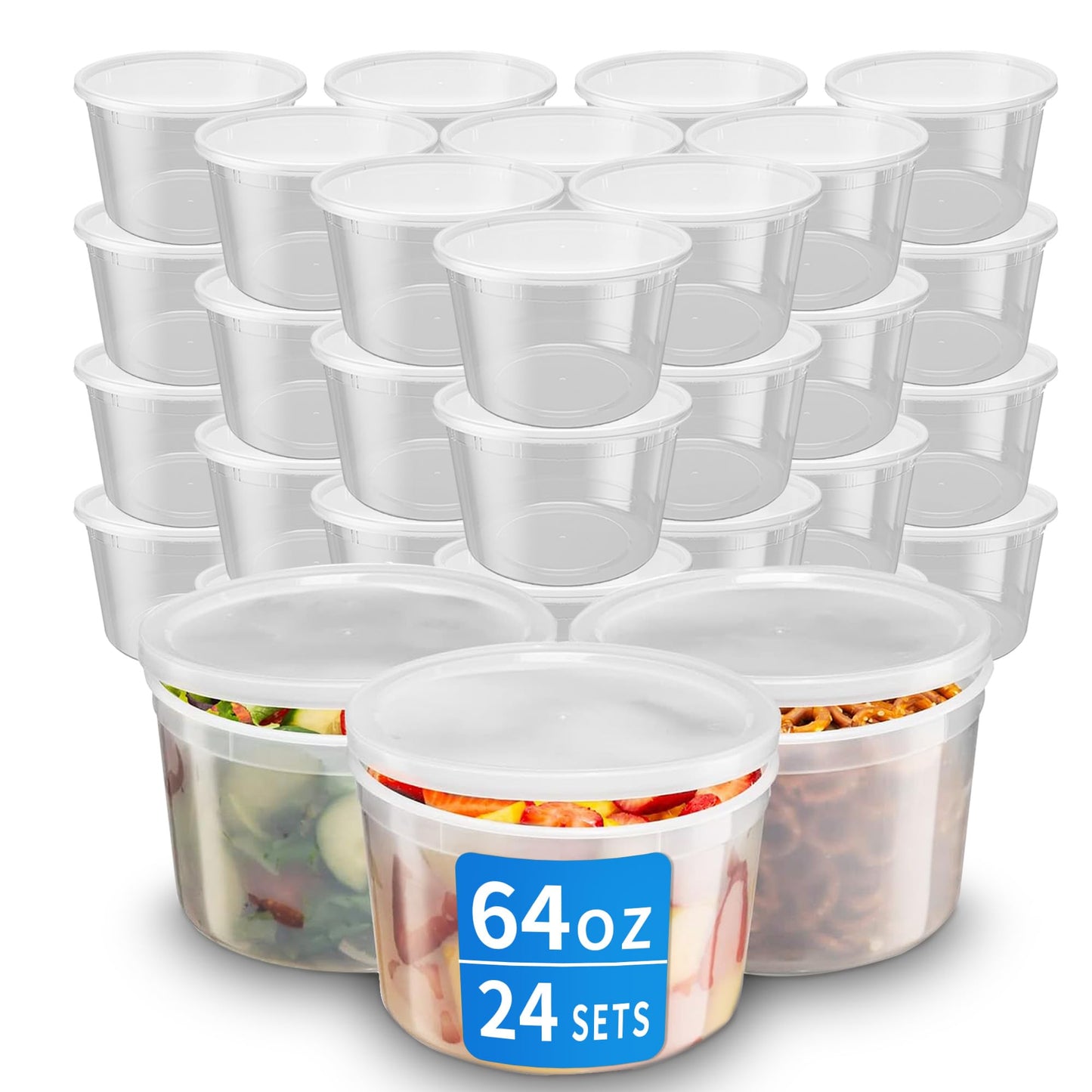 APSIC Plastic Deli Containers with Lids, 24 Sets 64oz Leakproof Soup Storage Containers for Family Soup & Leftovers, Round Meal Prep Cups, BPA Free, Microwave/Freezer/Dishwasher Safe
