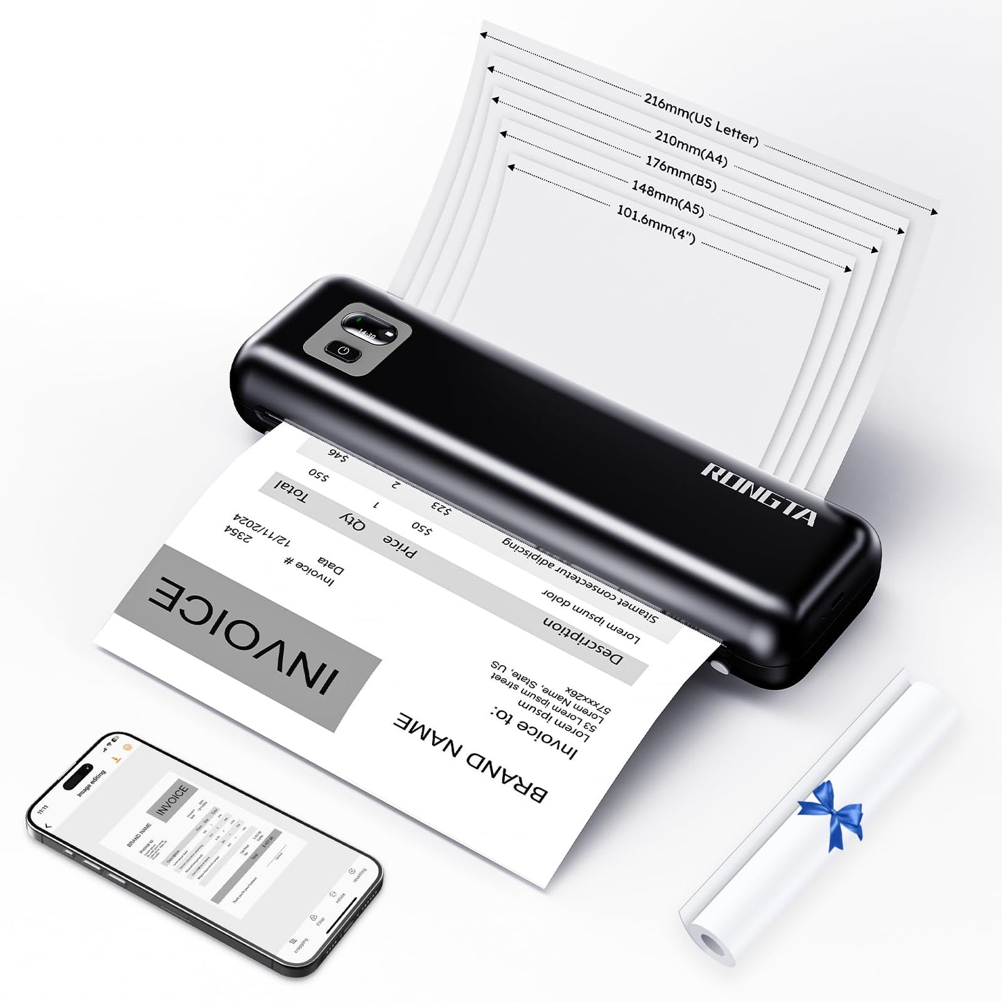 Rongta Portable Printer Wireless for Travel, F82 Inkless Bluetooth Thermal Printers, Compatible with iOS, Android, Laptop, Support 8.5"x11" US Letter&A4 for Office, Home, Car (Black)