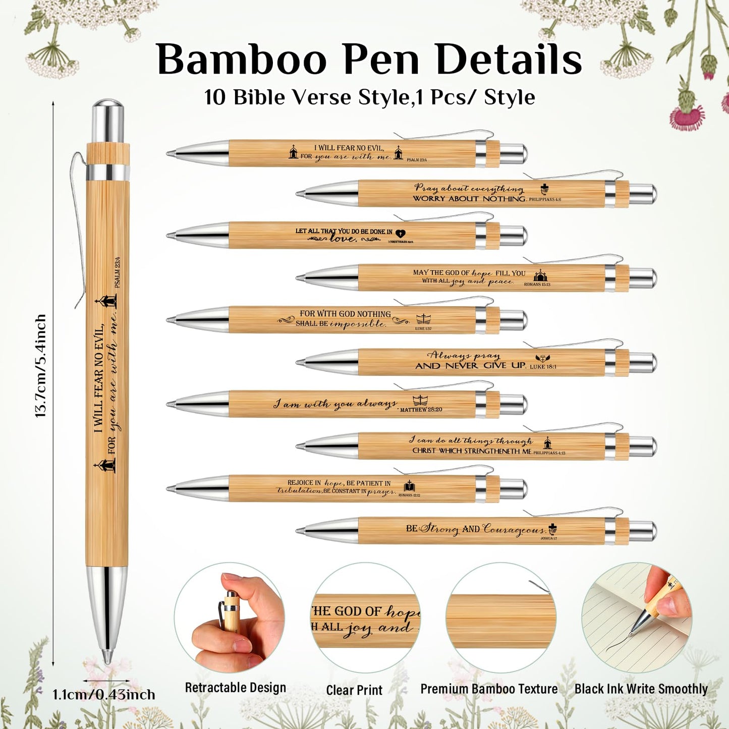 Spakon 50 Sets Fathers Day Christian Gifts Bulk Bible Verse Bamboo Pen Christian Floral Keychain Inspirational Bookmark Religious Church Gift for Church Members Women Sunday School Teacher (Bible)