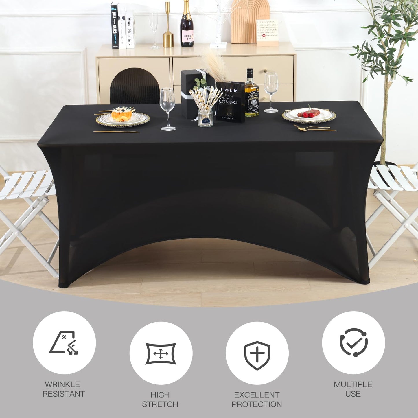 Fixwal 6 Pack Black Table Cover, Spandex Table Cloths for 6 Foot Rectangle Tables Fitted Tablecloth, Wrinkle-Free and Stretch Folding Tablecloth for Banquet, Wedding, Party (72L x 30W x 30H Inch)