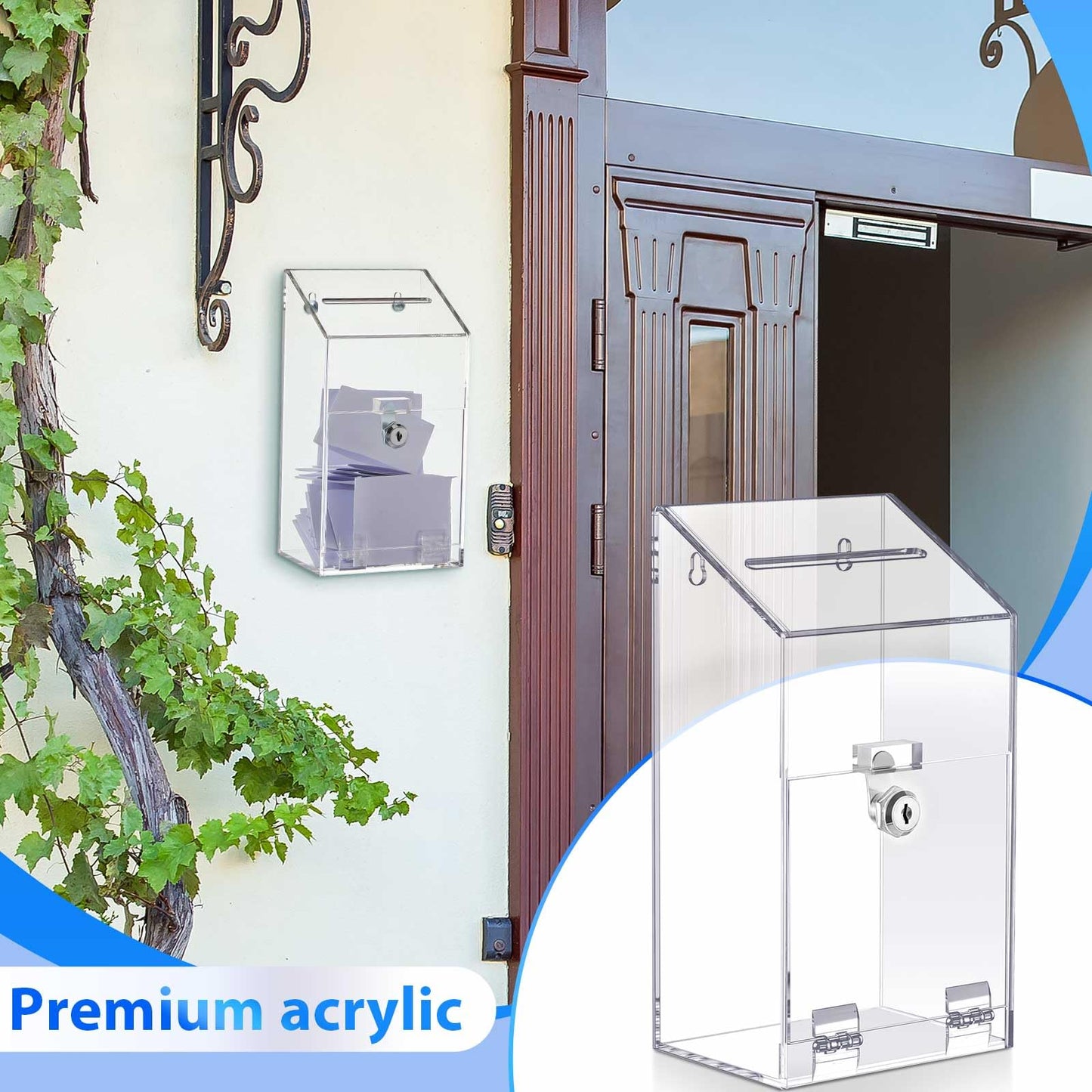 Juexica 2 Pcs Clear Acrylic Donation Box with Lock and Slot, Wall Mountable Suggestion Box, Ballot Case, Raffle Ticket Boxes for Office, School, Church, Voting & Fundraising
