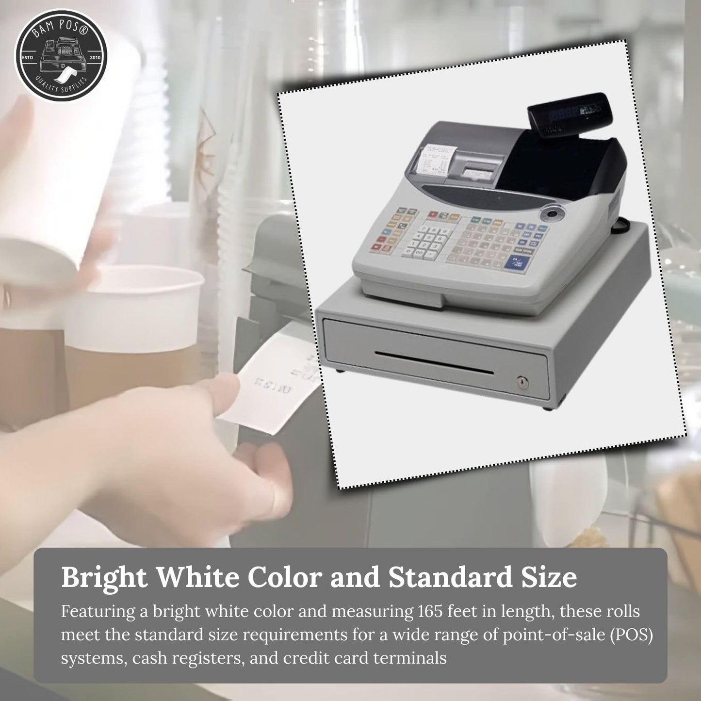 BAM POS 2 1/4" x 165' Thermal Cash Register POS Receipt Paper - Low Dust Thermal - Bright White Paper - Compatible with CE T100, PCR T465 and Many More - 50 Rolls Per Case