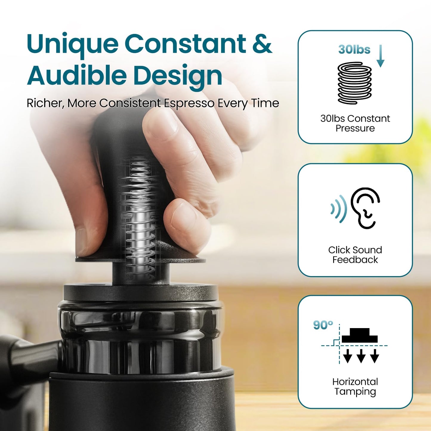 MHW-3BOMBER 58.5mm Calibrated Espresso Tamper with 30lbs Click Sound Feedback, 3-Spring Constant Pressure Tamper for 58mm E61 Portafilter, Electroplated Black Threaded SUS304 Base, T7018